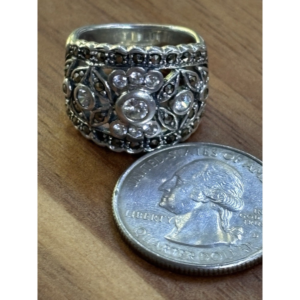 Vintage Signed 925 Sterling Silver Marcasite CZ Band Ring Size 6 - Picture 7 of 8